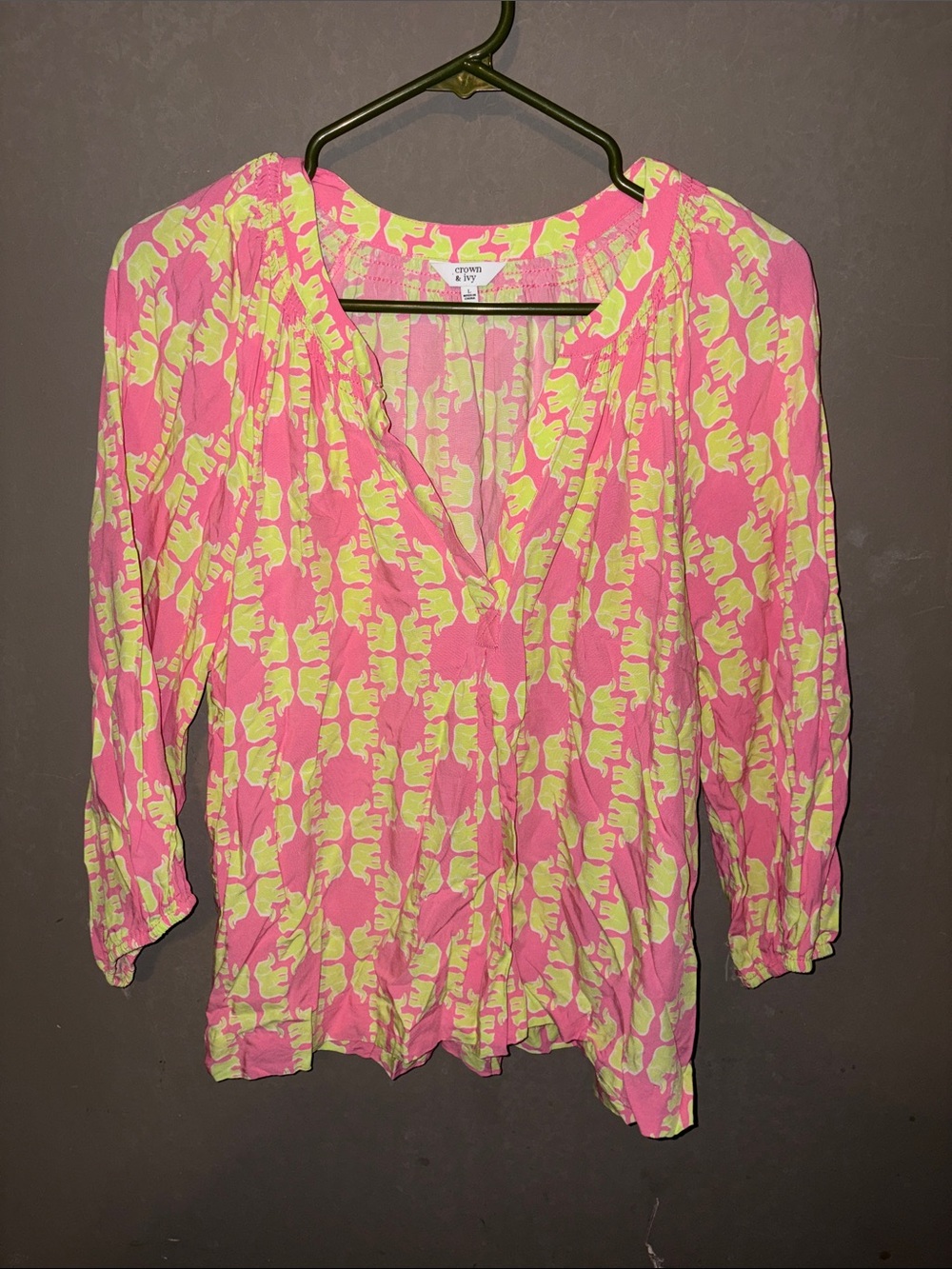 crown & ivy Pink and Lime Elephant Print V-Neck Blouse